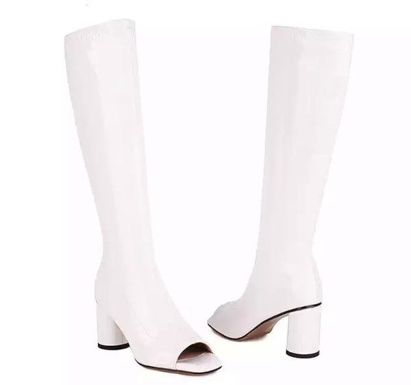 Women Peep Toe Patent Leather Knee High Boots