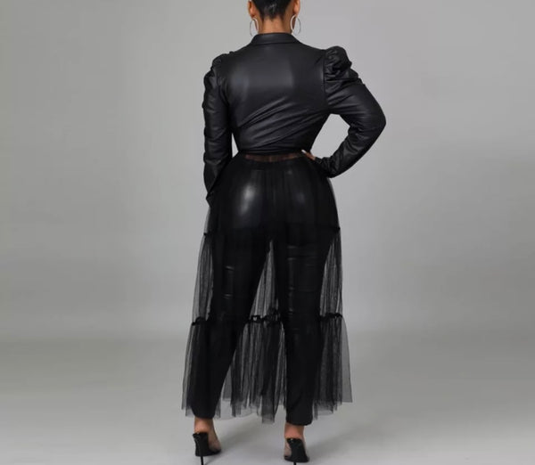 Women Black Fashion Faux Leather Mesh Belted Top