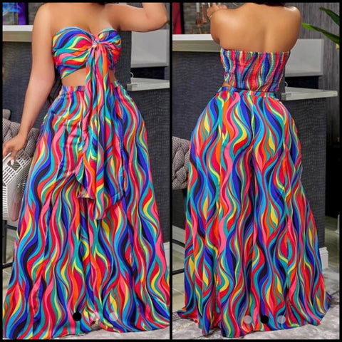 Women Fashion Strapless Tie Up Multicolored Two Piece Wide Leg Pant Set