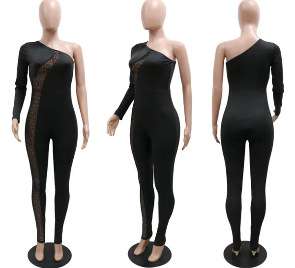 Women Sexy Black One Shoulder Mesh Patchwork Jumpsuit