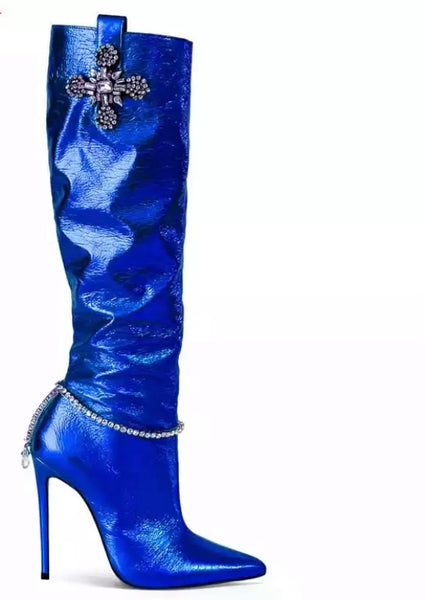 Women Fashion Crystal High Heel Knee High Boots