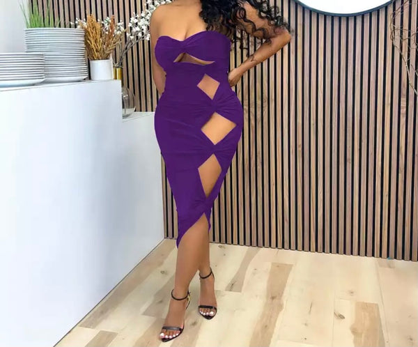 Women Sexy Solid Color Strapless Cut Out Dress