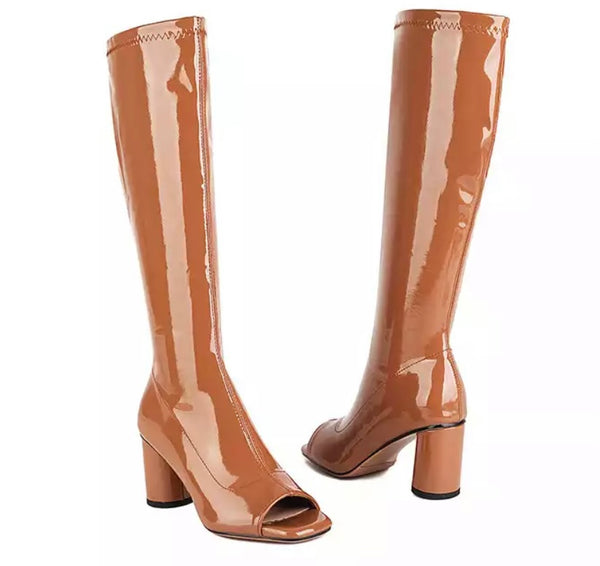 Women Peep Toe Patent Leather Knee High Boots