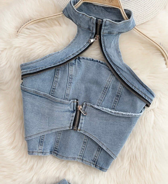 Women Halter Zipper Denim Two Piece Skirt Set