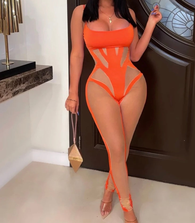 Women Sexy Sleeveless Mesh Patchwork Fashion Jumpsuit
