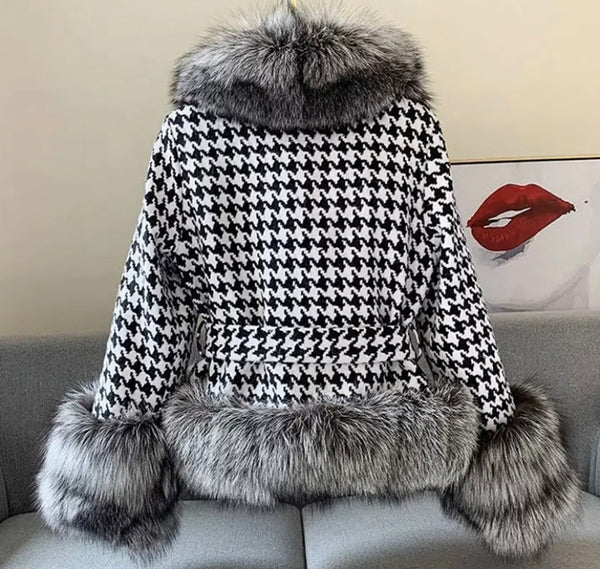 Women Fashion Faux Fur Patchwork Houndstooth Print Jacket