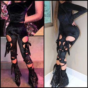 Women Fashion Black Velour Full Sleeve Cut Out Two Piece Pant Set