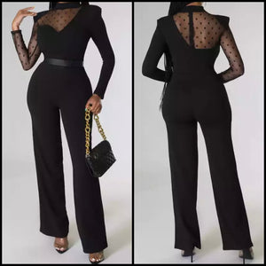 Women Full Sleeve Dot Mesh Patchwork Jumpsuit