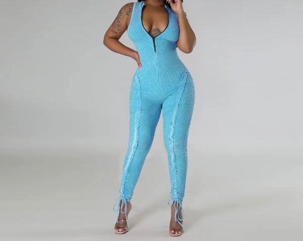 Women Fashion Sleeveless Lace Up Ribbed Jumpsuit