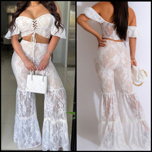 Women Sexy White Lace Off The Shoulder Two Piece Pant Set