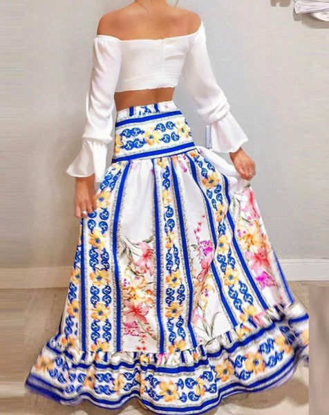 Women Sexy Off The Shoulder Full Sleeve Crop Two Piece Floral Maxi Skirt Set