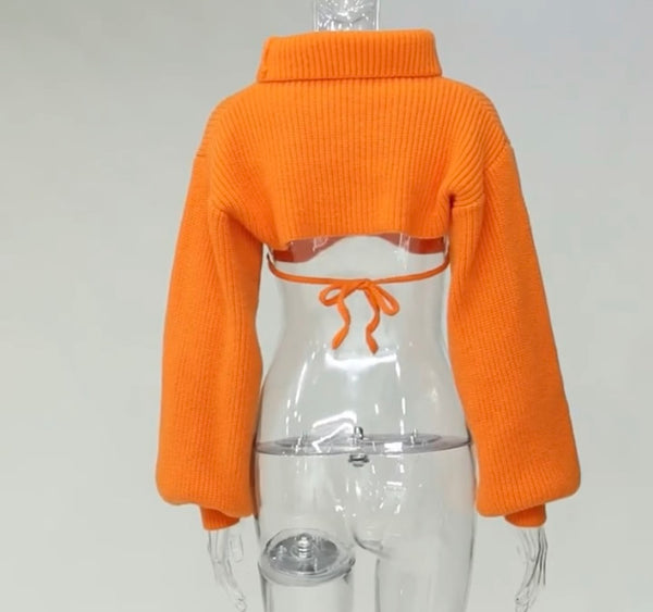 Women Fashion Orange Ribbed Two Piece Crop Sweater