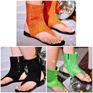 Women Open Toe Sparkly Flat Fashion Ankle Sandals