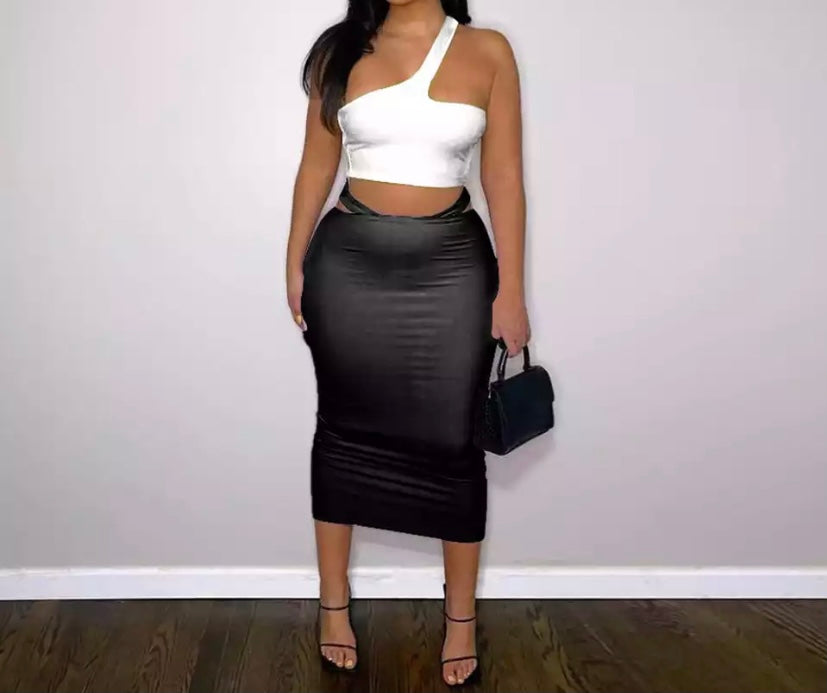 Women Sexy One Shoulder Sleeveless Crop Two Piece Maxi Skirt Set