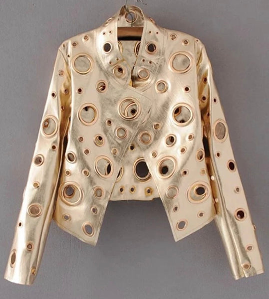 Women Leather Fashion Metallic Hollow Out Jacket