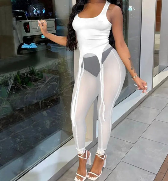 Women Sexy Fashion Sleeveless Tank Two Piece Mesh Pant Set