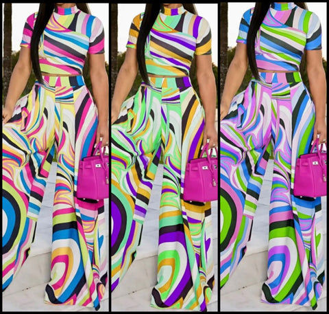 Women Sexy Multicolored Print Short Sleeve Two Piece Wide Leg Pant Set
