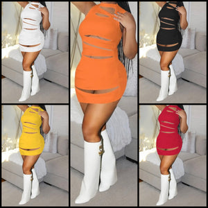 Women Sexy Solid Color Sleeveless Hollow Out Dress