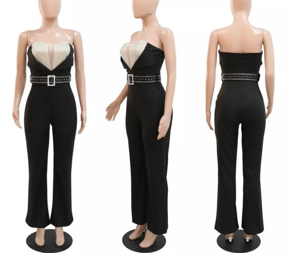 Women Strapless Sexy Bling Belted Jumpsuit