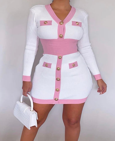 Women Sexy Full Sleeve Button Color Patchwork Dress