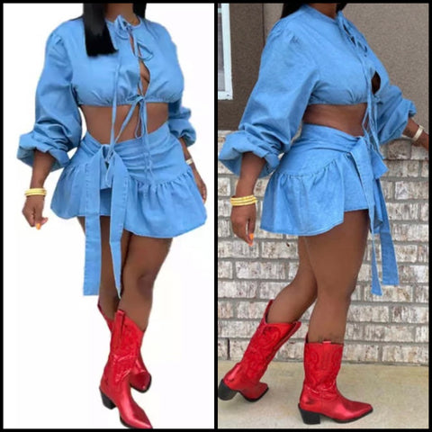 Women Denim Fashion Full Sleeve Crop Two Piece Skirt Set