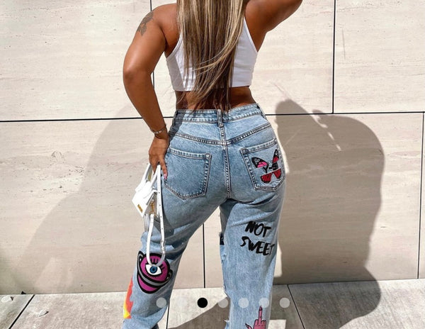 Women Fashion Ripped Print Denim Pants