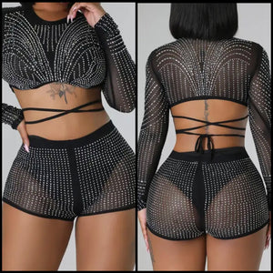 Women Sexy Full Sleeve Lace Up Crop Mesh Bling Two Piece Short Set