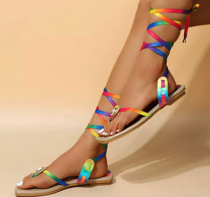 Women Fashion Flat Rainbow Lace Up Sandals