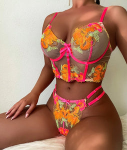 Women Sexy Pink Neon Floral Mesh Lingerie Set