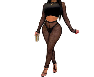 Women Sexy Black Velour Mesh Two Piece Pant Set