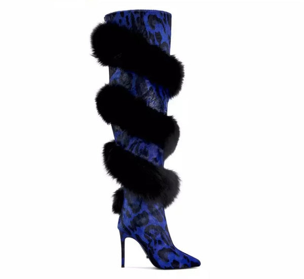 Women Fashion Blue Animal Print Faux Fur Knee High Boots