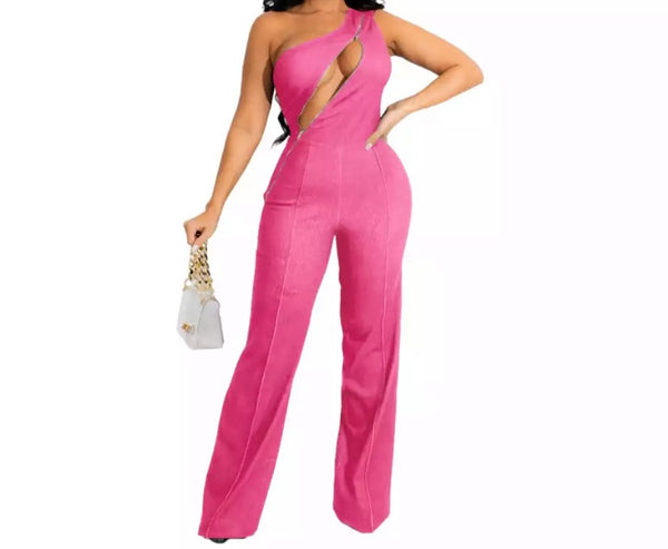 Women Fashion Sleeveless Zip Up Wide Leg Jumpsuit