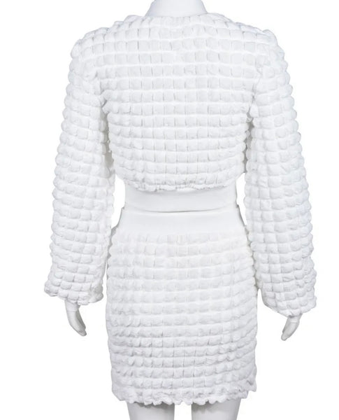 Women White Sexy Zipper Full Sleeve Two Piece Skirt Set