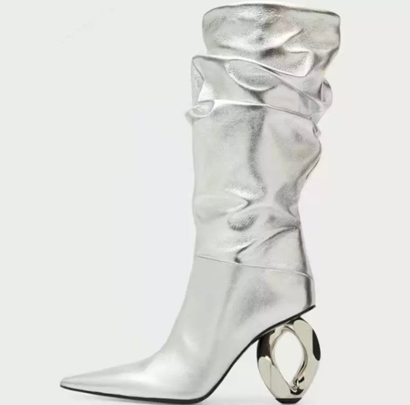 Women Ruched Pointed Toe Fashion Metal Heel Mid-Calf Boots