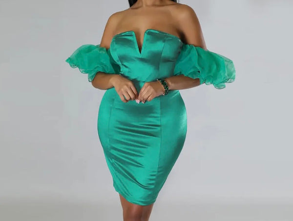 Women Sexy Satin Ruffled Puff Sleeve Off The Shoulder Dress