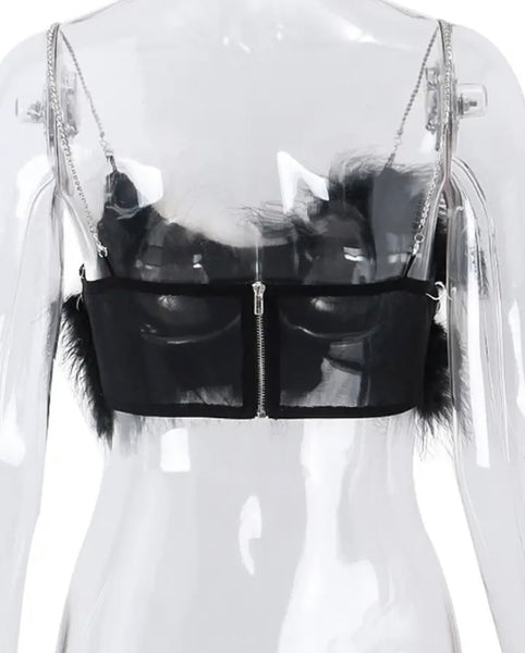 Women Sexy Sleeveless B&W Faux Fur Crop Top