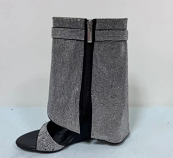 Women Bling Lock Open Toe Wedge Ankle Boots