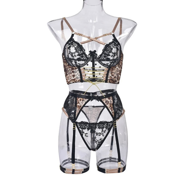 Women Sexy Lace Leopard Print Patchwork Lingerie Set