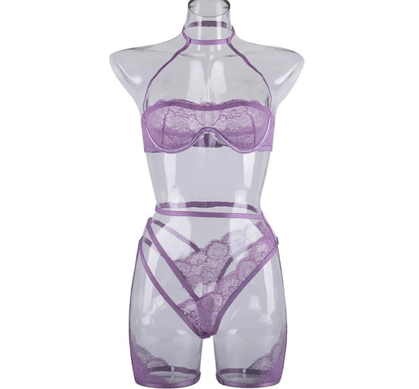 Women Sexy Lace Mesh Purple Lingerie Set