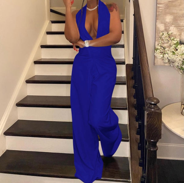 Women Solid Color Deep V-Neck Halter Wide Leg Jumpsuit