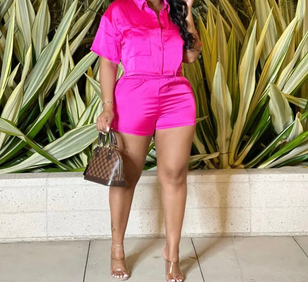 Women Button Up Short Sleeve Color Patchwork Two Piece Short Set