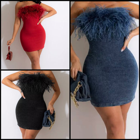 Women Sexy Strapless Feather Denim Dress