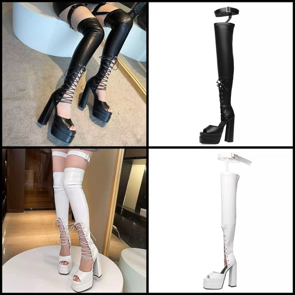 Women Fashion PU Leather Thigh High Buckled Lace Up Open Toe Boots