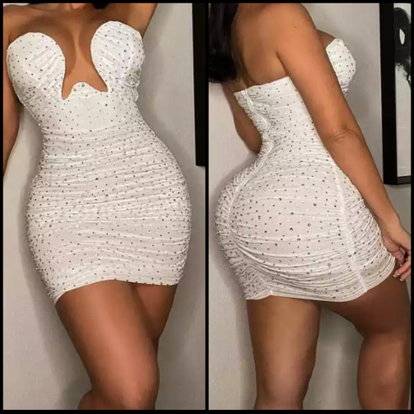 Women Bling Ruched Sexy Strapless Dress