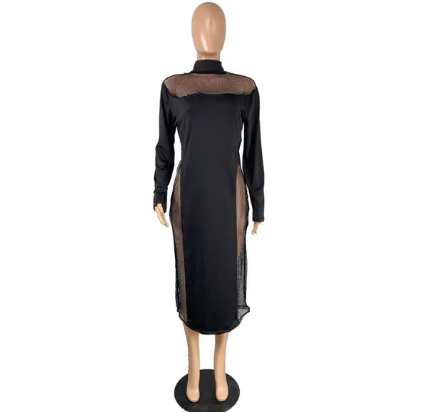 Women Sexy Full Sleeve Black Mesh Patchwork Maxi Dress