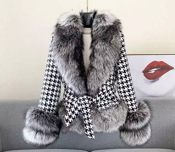 Women Fashion Faux Fur Patchwork Houndstooth Print Jacket