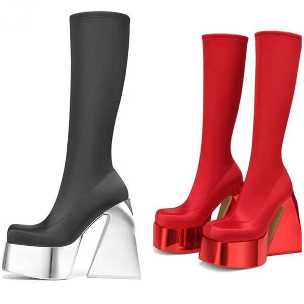 Women Fashion Metallic Platform Square Toe Boots