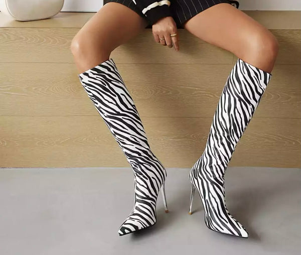 Women Zebra Print High Heel Knee High Boots