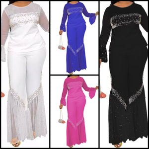 Women Full Sleeve Bling Mesh Patchwork Two Piece Pant Set