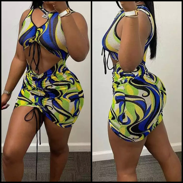 Women Sexy Multicolored Print Sleeveless Drawstring Dress